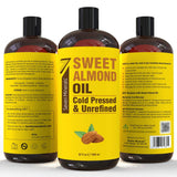 Pure Cold Pressed Sweet Almond Oil - 32 Fl Oz Unrefined and 100% Natural - Ideal Carrier Oil for Skin and Hair with No Added Ingredients