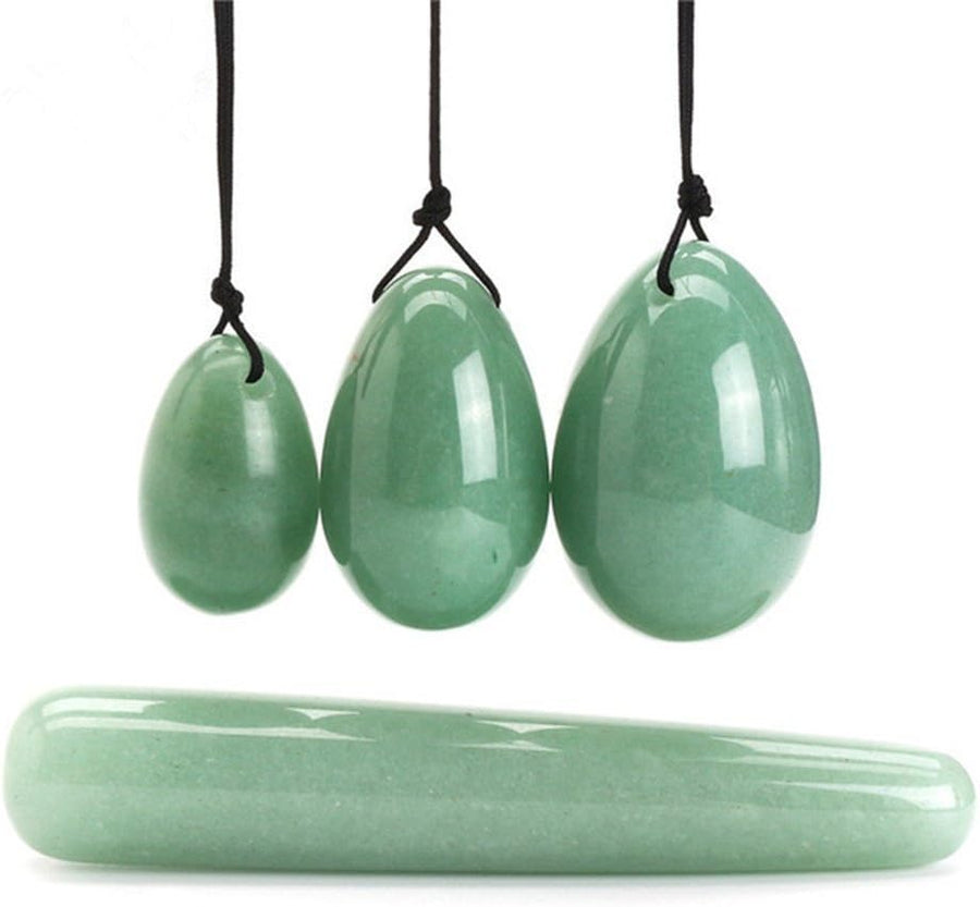 4Pcs Set Jade Yoni Eggs Stick,3 Pcs Drilled Natural Green Aventurine Quartz Crystal Jade Eggs Massage Stone + 1 Pcs Massage Stick for Women Kegel Exercise Strengthen Pelvic Floor Muscles