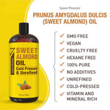 Pure Cold Pressed Sweet Almond Oil - 32 Fl Oz Unrefined and 100% Natural - Ideal Carrier Oil for Skin and Hair with No Added Ingredients